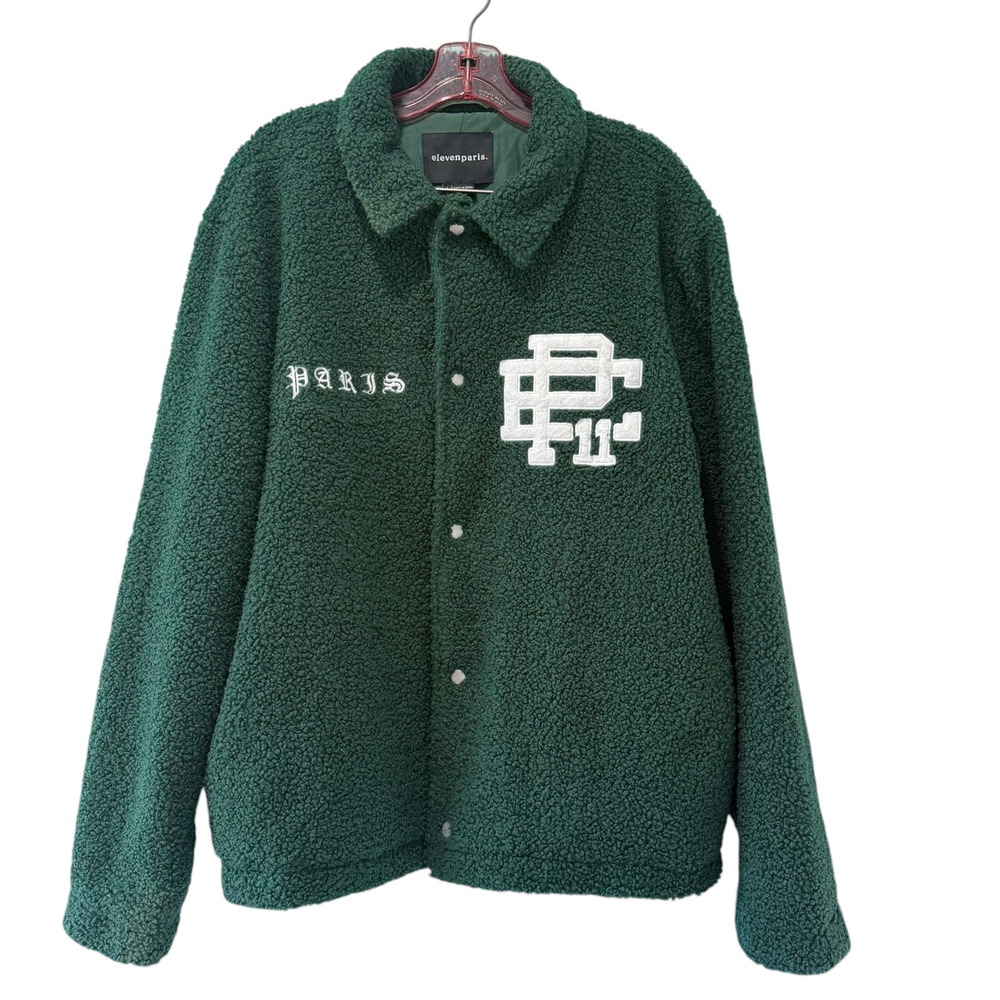 Elevenparis Mens Sherpa Fleece Jacket Green Paris Embroidery Snap Front L